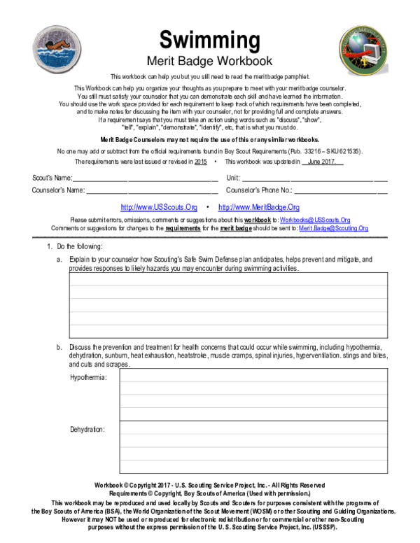 swimming merit badge worksheet answers