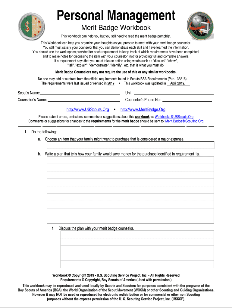 Personal management merit badge workbook: Fill out &  sign online ...