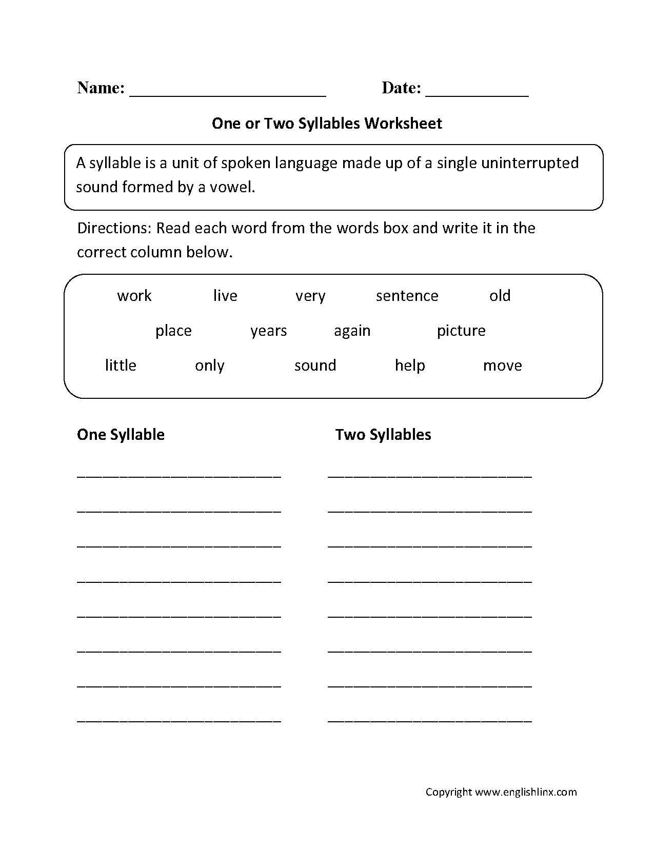 Syllables Worksheets | One or Two Syllables Worksheet