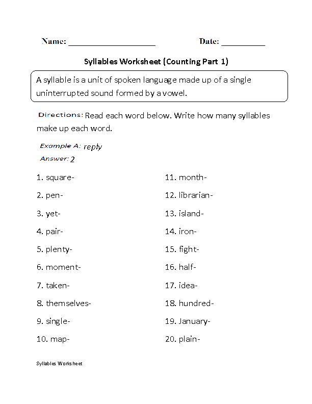syllable worksheet 1st grade
