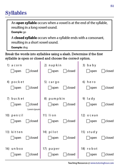 Open and Closed Syllables Sorting Worksheets