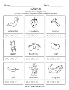 Word syllable worksheets for preschool and kindergarten kids