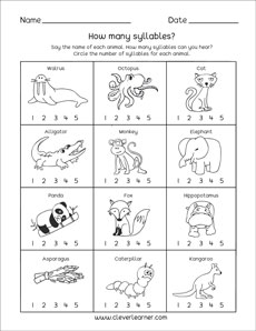 Word syllable worksheets for preschool and kindergarten kids