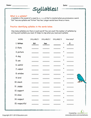 Counting Syllables: Part I | Worksheet 