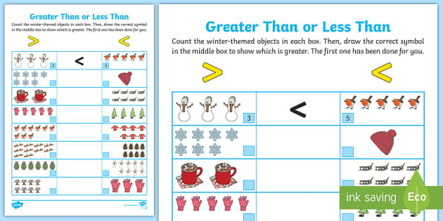 Winter-Themed Greater Than or Less Than up to 10 Worksheet