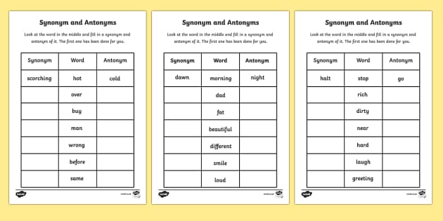 synonym and antonym worksheet