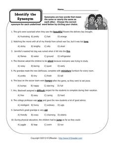 Identify the Synonym Worksheet for 4th - 5th Grade | Lesson Planet
