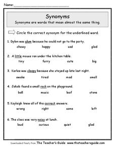 Synonyms Worksheet for 2nd - 4th Grade | Lesson Planet