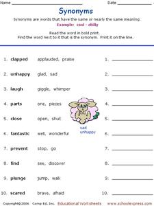 Synonyms Worksheet for 3rd - 5th Grade | Lesson Planet