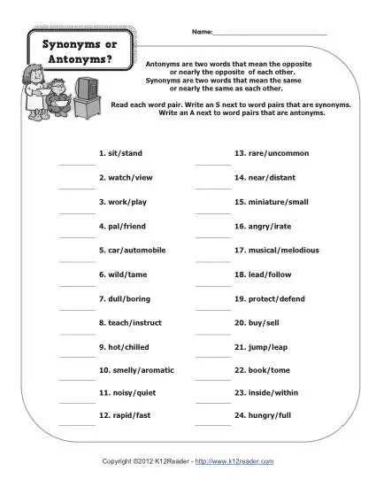 synonym worksheet 3rd grade