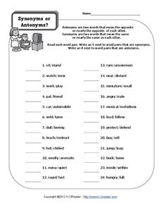 Synonyms or Antonyms? Worksheet for 4th - 5th Grade | Lesson Planet