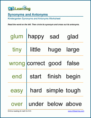 Free Preschool &  Kindergarten Synonyms and Antonyms Worksheets ...