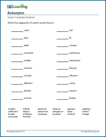 synonyms and antonyms worksheet 5th grade