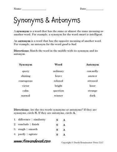 Synonyms and Antonyms Worksheets - Tims Printables