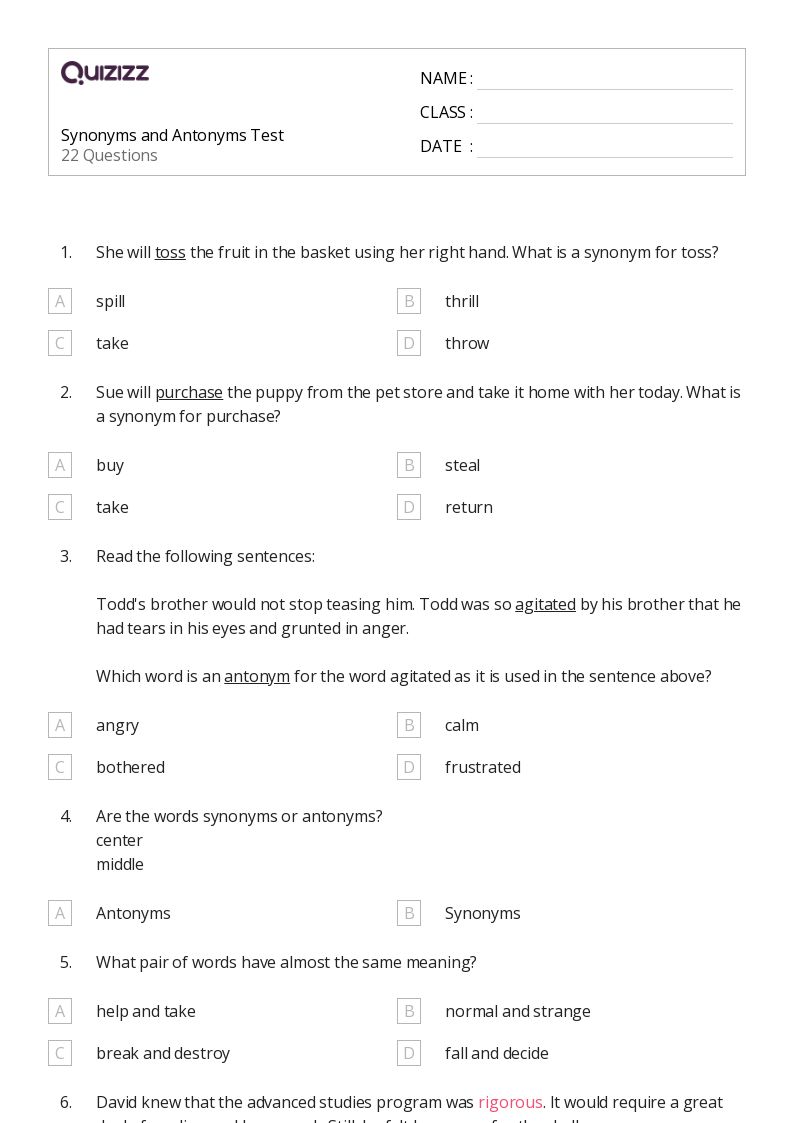 50+ Synonyms and Antonyms worksheets on Quizizz | Free &  Printable