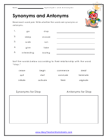 Antonyms and Synonyms Worksheets