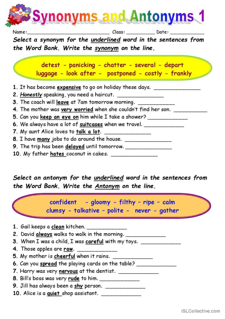 Synonyms vs Antonyms 1 warmer, fille…: English ESL worksheets pdf ...