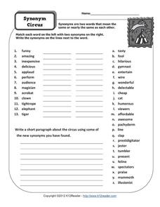 Synonym Circus Worksheet for 4th - 5th Grade | Lesson Planet
