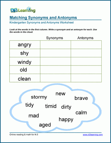 Synonyms and Antonyms Worksheets | Worsheets library