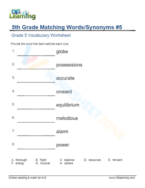 5th Grade Matching Words/Synonyms 5 Worksheet