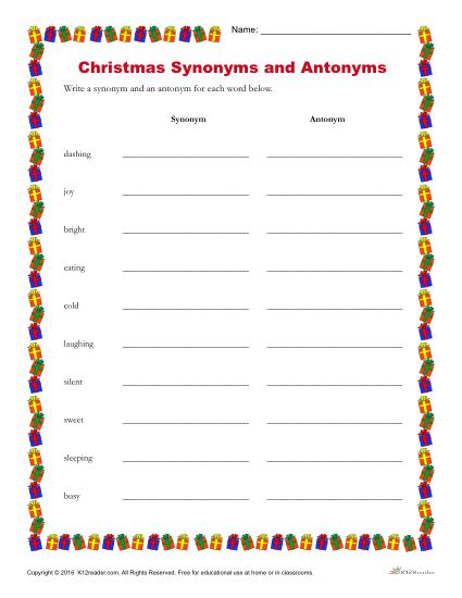 Christmas Synonyms and Antonyms | Printable Holiday Writing Activity