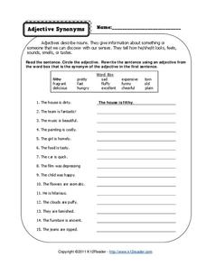 Adjective Synonyms Worksheet for 4th - 6th Grade | Lesson Planet