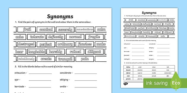 synonyms worksheet