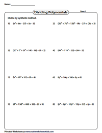 Dividing Polynomials Worksheets