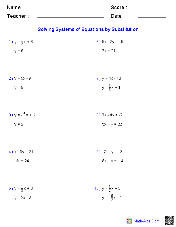 Pre-Algebra Worksheets | Systems of Equations Worksheets