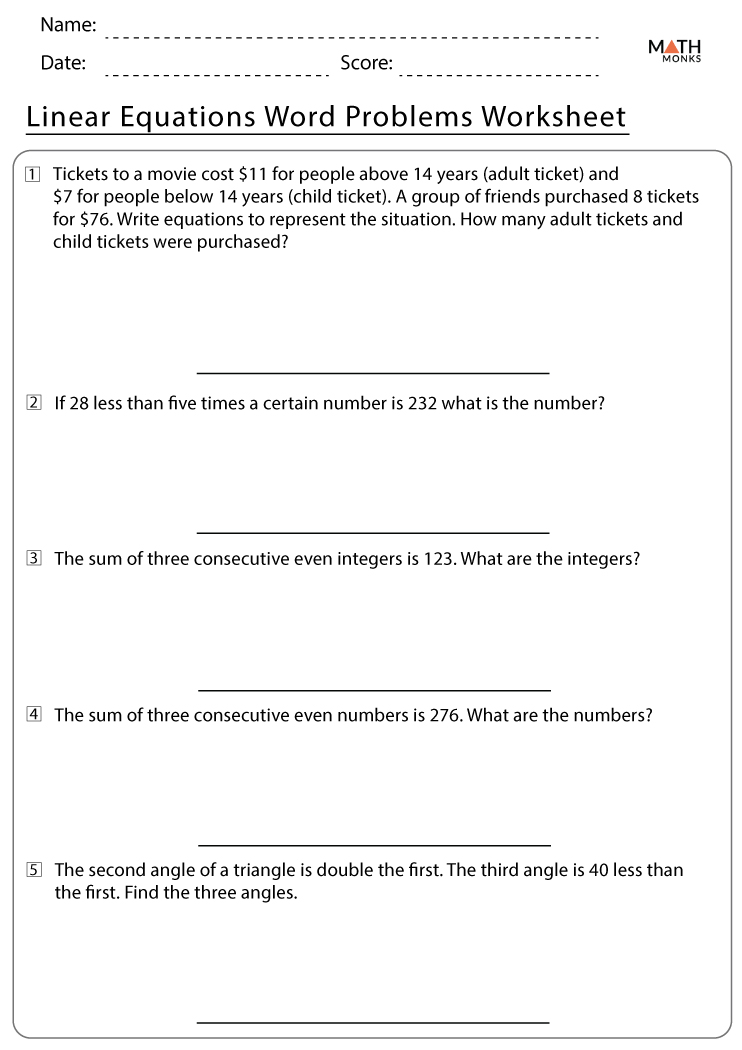 Linear Equations Word Problems Worksheets with Answer Key Worksheets