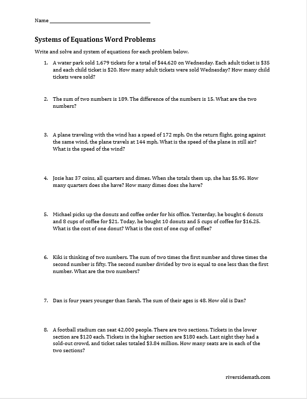 system of equation word problem worksheet