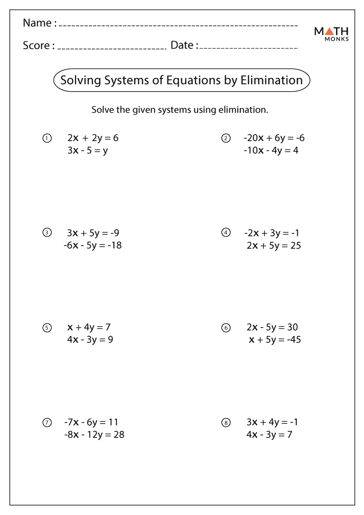 system of equations elimination method worksheet answers