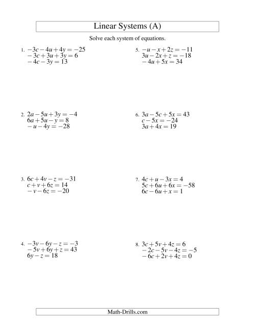 system of equations worksheet answers