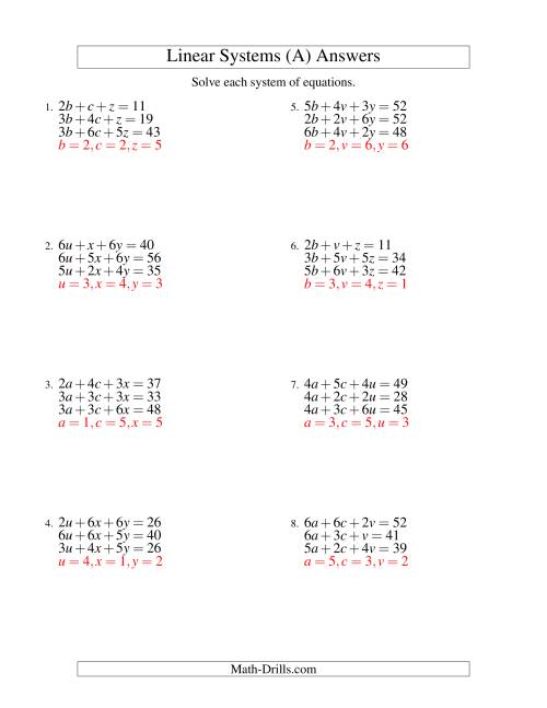 Systems of Linear Equations -- Three Variables (A)