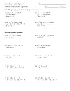 system of quadratic equations worksheet
