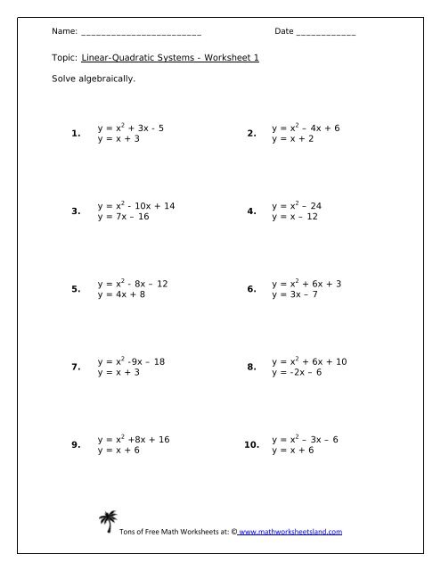 system of quadratic equations worksheet