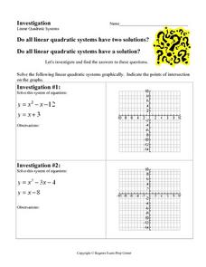 Investigation: Linear Quadratic Systems Worksheet for 9th - 12th ...