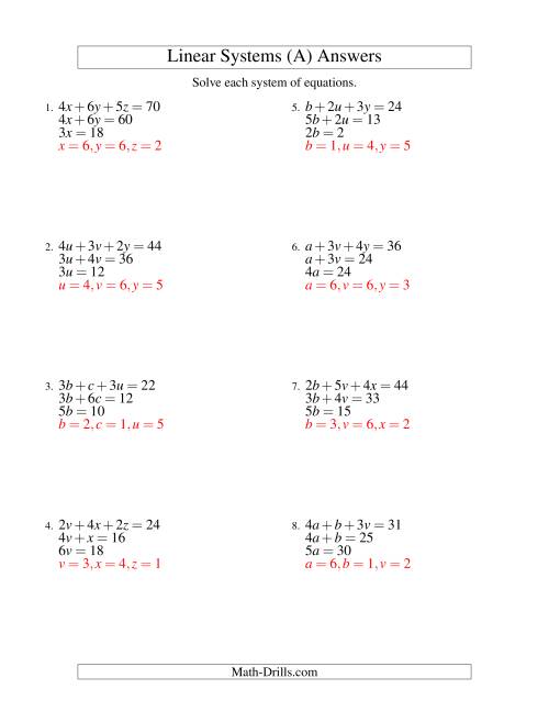 Systems of Linear Equations -- Three Variables -- Easy (A)