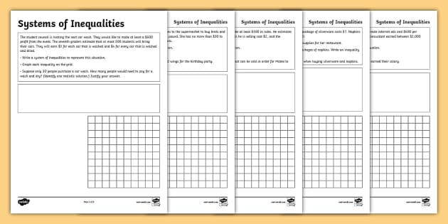 Systems of Inequalities Worksheet Word Problems |  USA