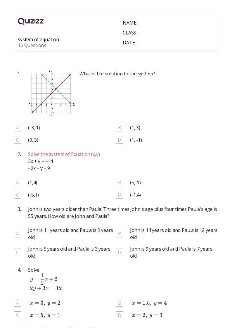 systems of equation worksheet