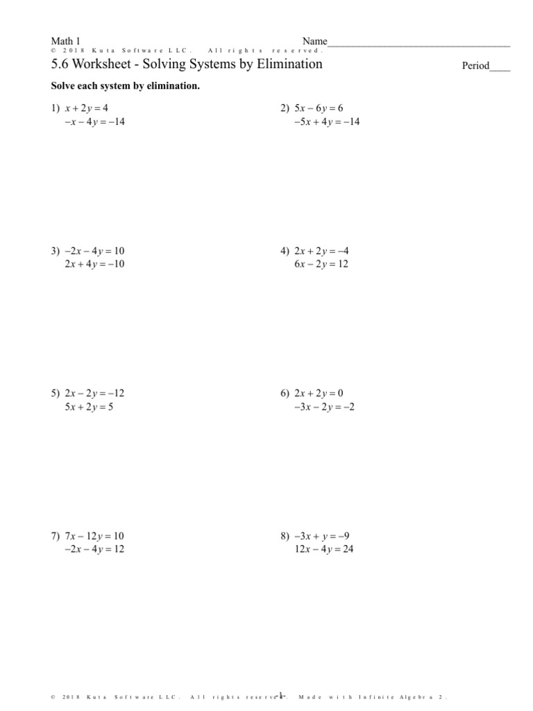 systems of equations by elimination worksheet