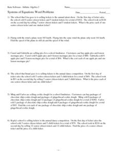 System of Equations Word Problems Worksheet for 9th - 11th Grade ...