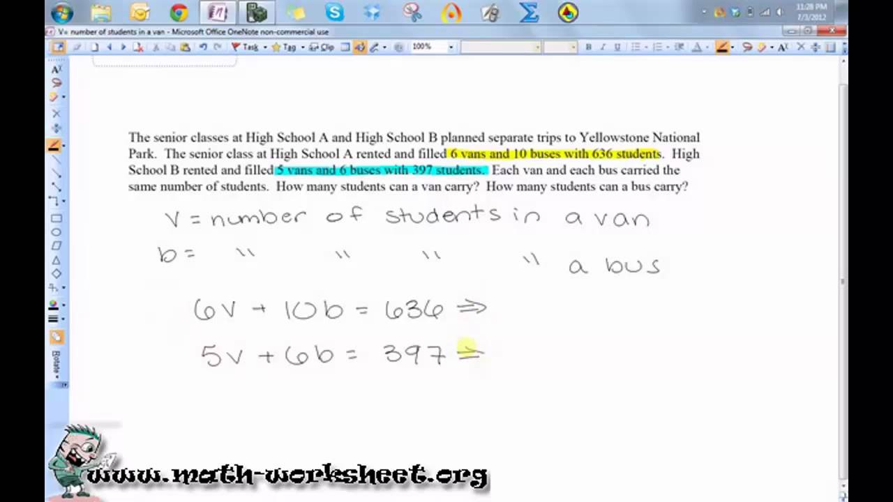 systems of equations word problems worksheet
