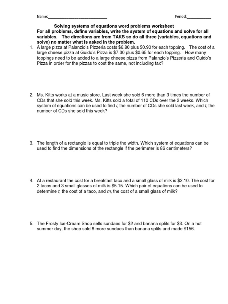 systems of equations word problems worksheet