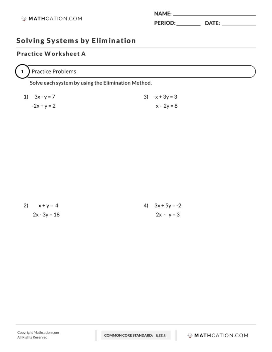 systems of equations worksheet elimination