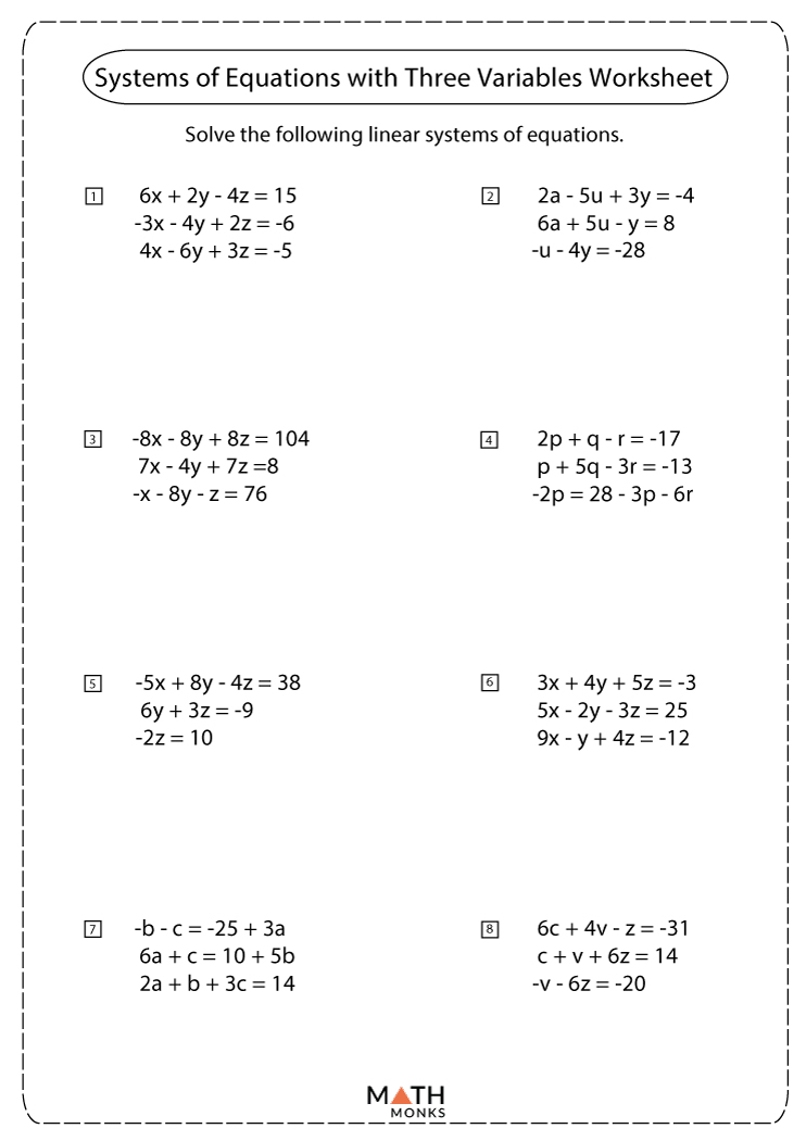 3 Variable System of Equations Worksheets - Math Monks