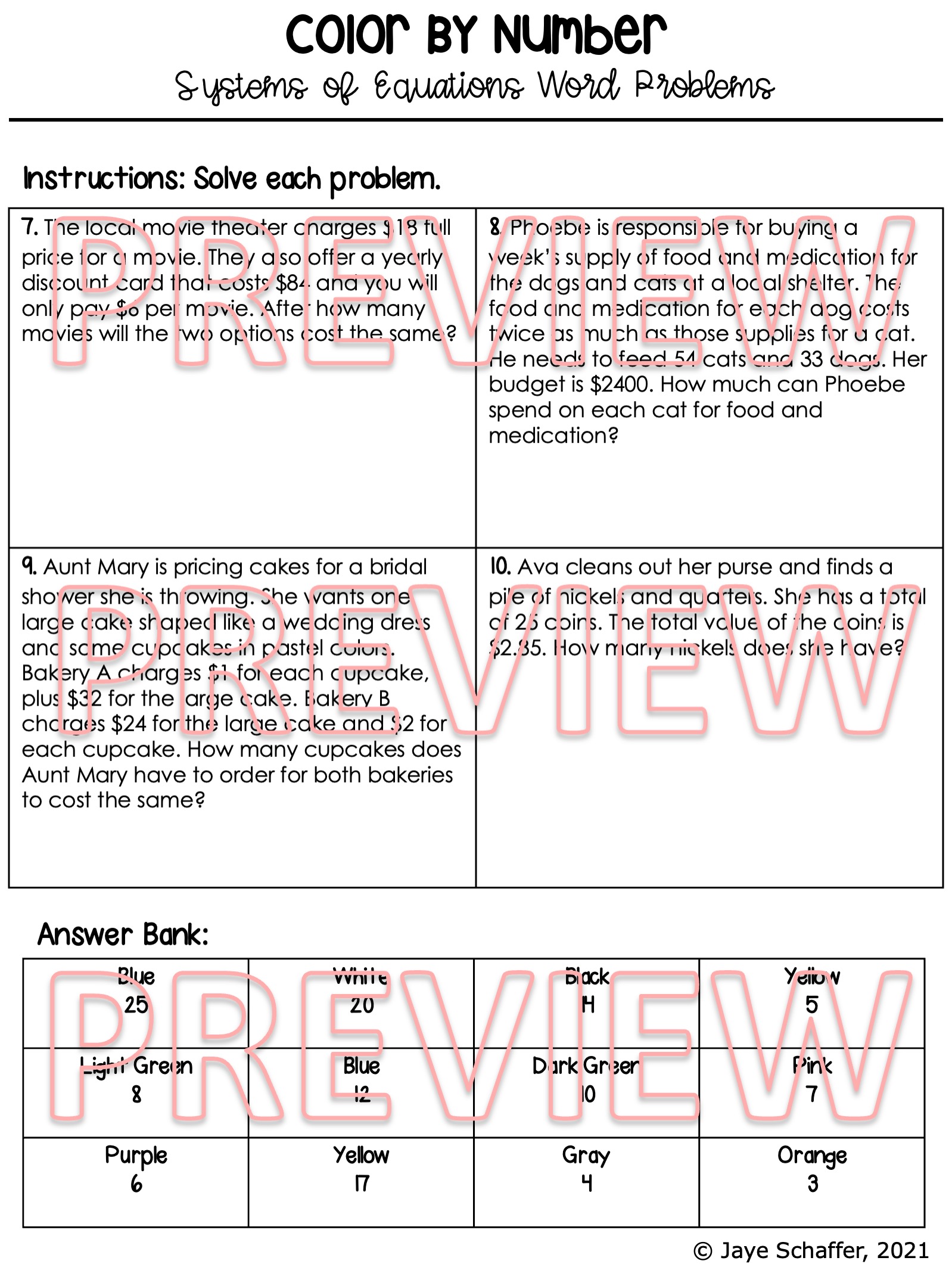 Systems of Linear Equations Word Problems: Elimination | Worksheet ...