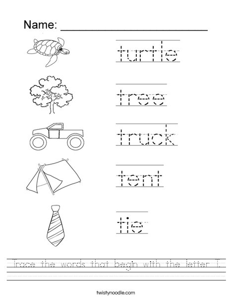 Trace the words that begin with the letter T Worksheet - Twisty Noodle