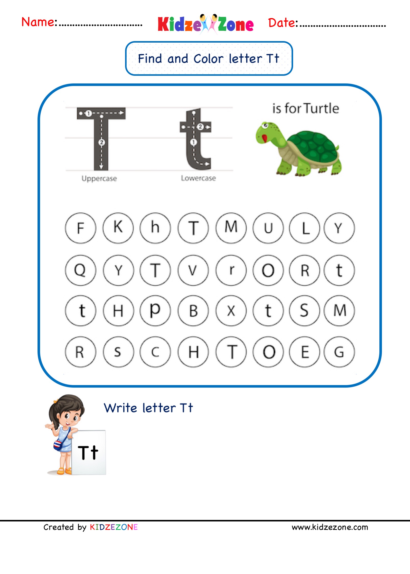 Kindergarten Letter T worksheets - Find and Color - KidzeZone