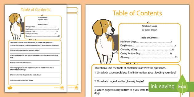 table of contents worksheet 2nd grade